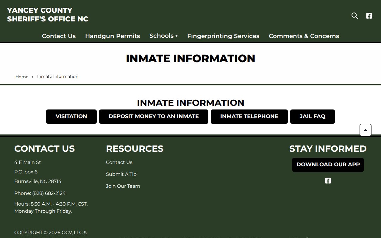 Official Yancey County inmate information page for a confirmed custody check