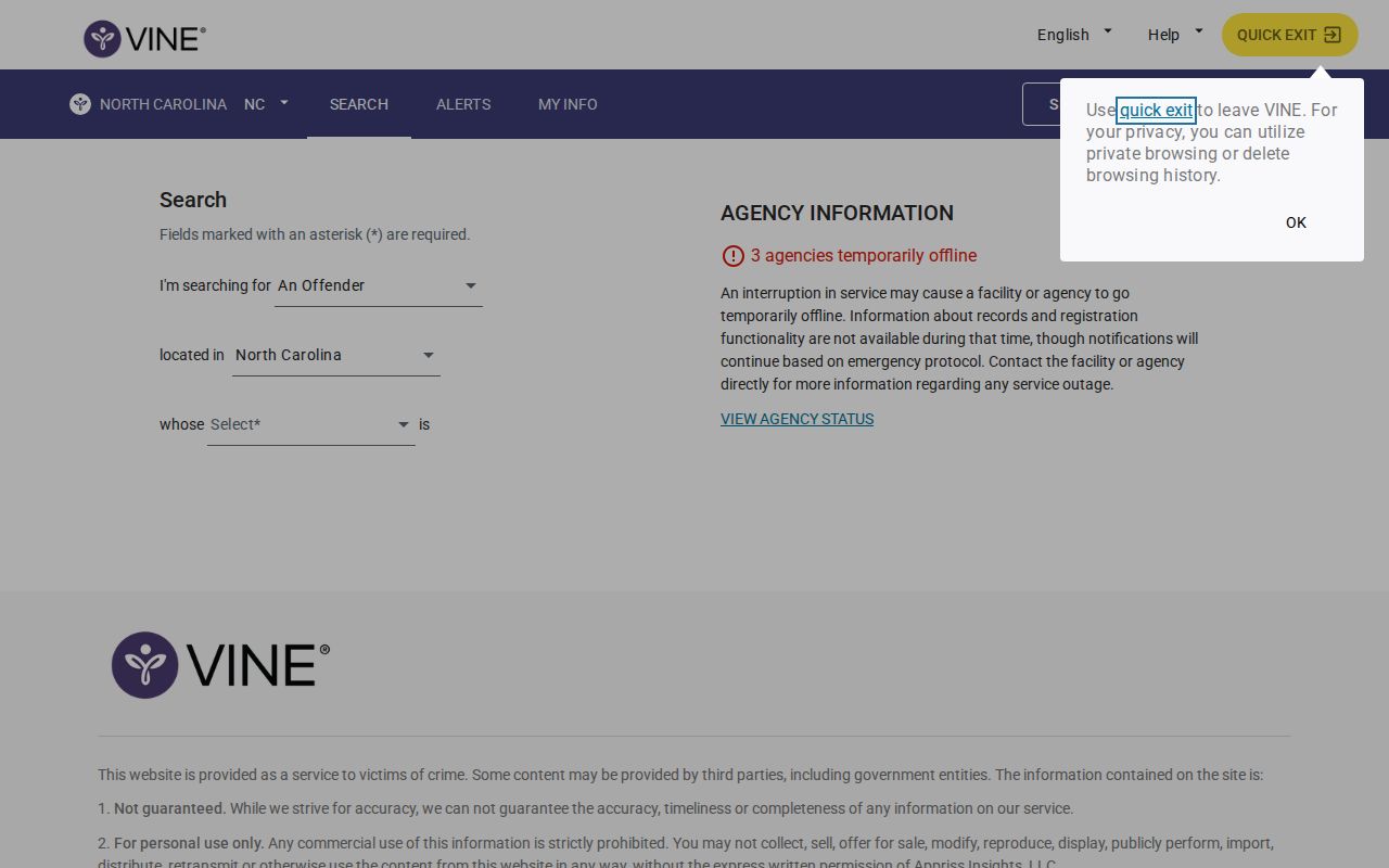 North Carolina VINELink person search interface for a custody-status lookup