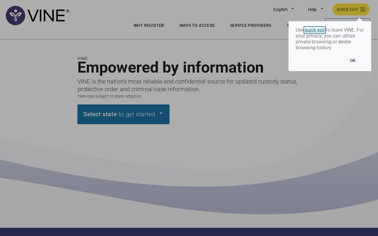 VINELink landing page used to select North Carolina for a custody search