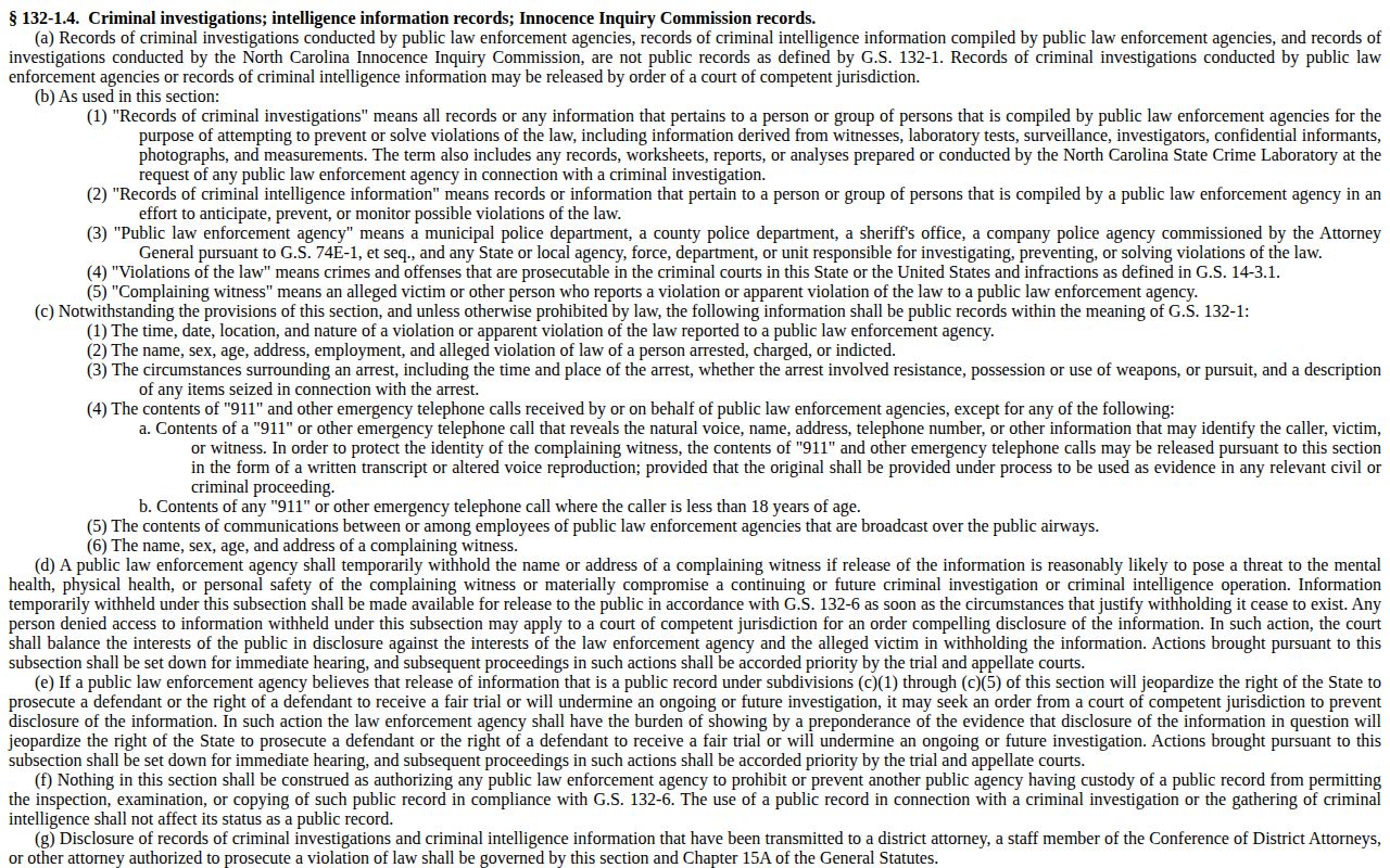 North Carolina statute page for law-enforcement record access